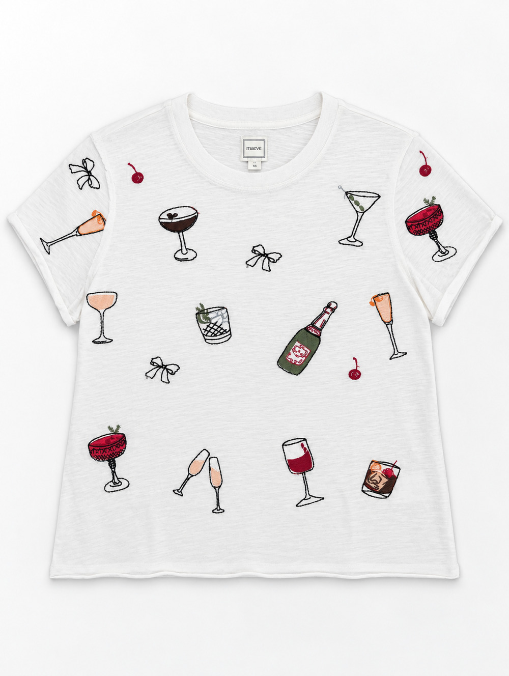 Maeve Cocktail Icon Embroidered T Shirt Womens XS Ivory CP5532 NWT
